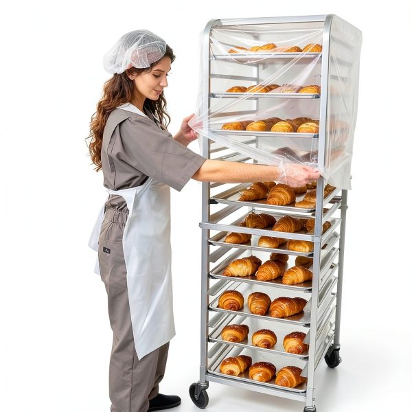 100 Pack Disposable Bun Pan Rack Covers, 53"x79" Clear Plastic Commercial Grade Food Safety Covers for Sheet Pans and Wire Racks-3