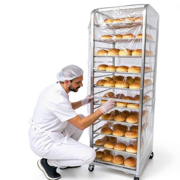 100 Pack Disposable Bun Pan Rack Covers, 53"x79" Clear Plastic Commercial Grade Food Safety Covers for Sheet Pans and Wire Racks-4